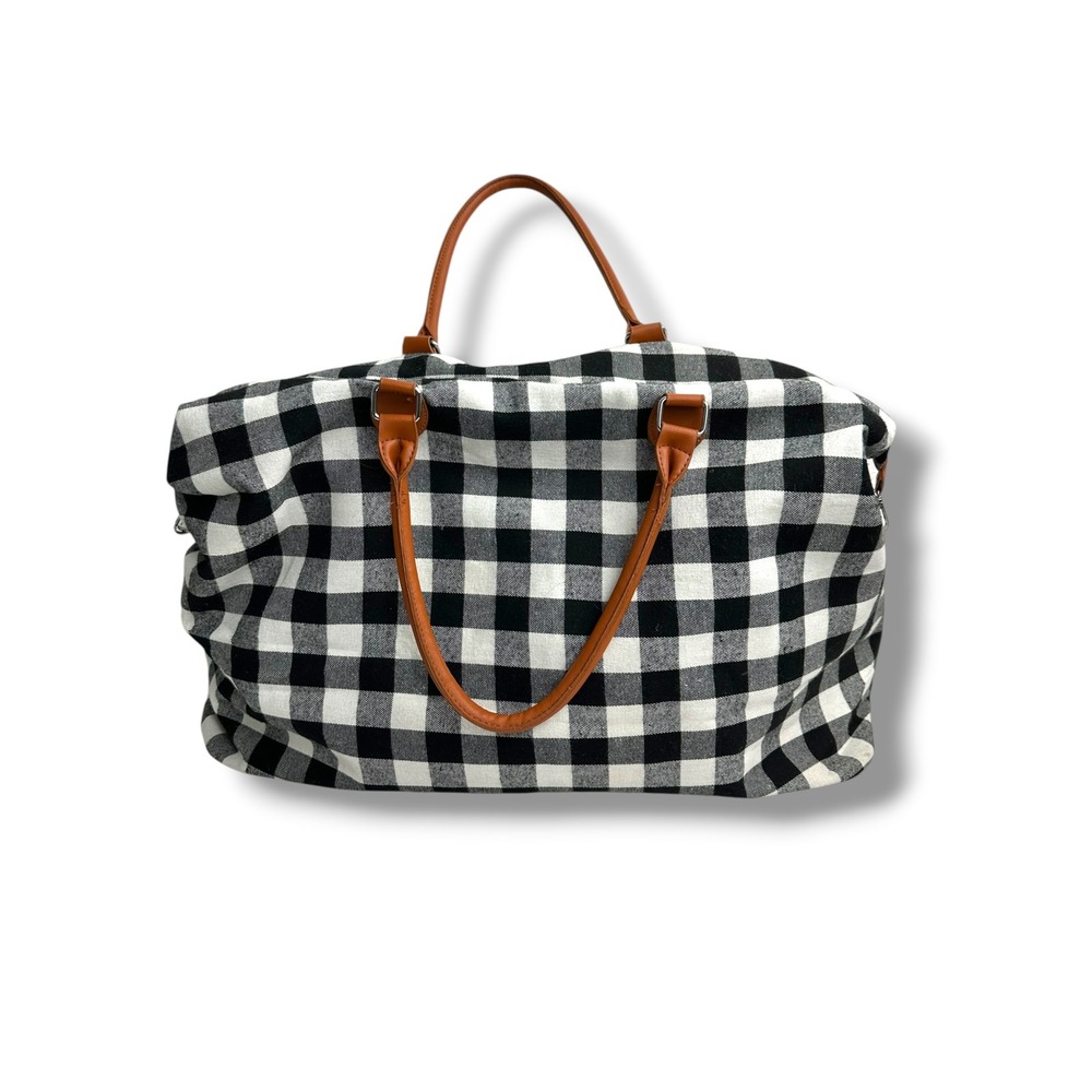 Barbados Leather Buffalo Plaid Duffel Bag Black White Checkered Weekender Tote